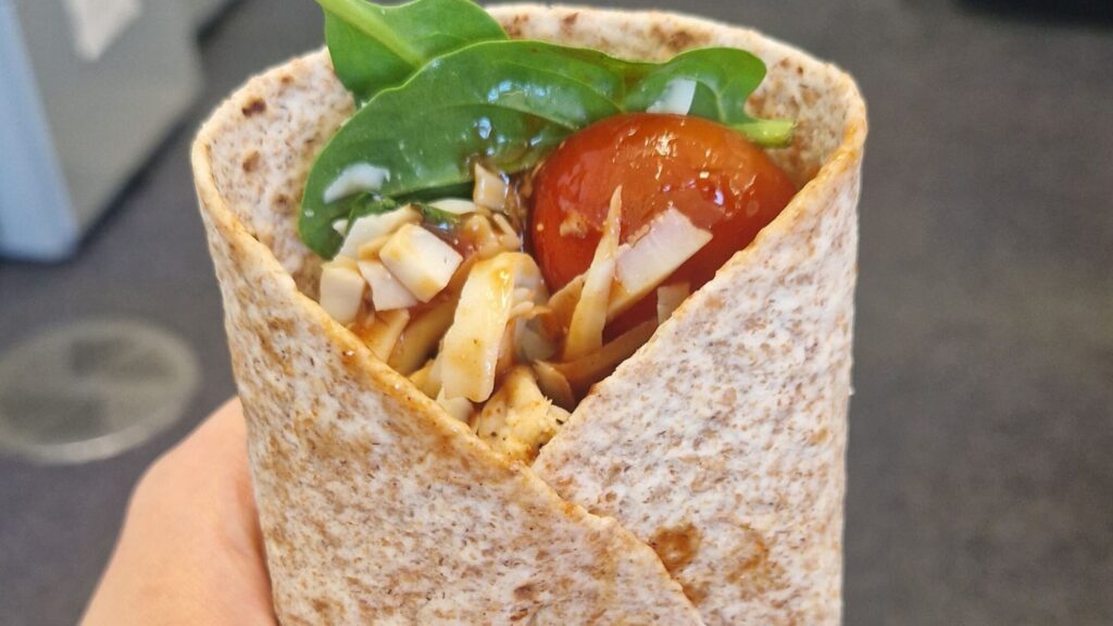 BBQ chicken wrap - a high protein lunch for a what I eat In a day for fat loss blog post. 