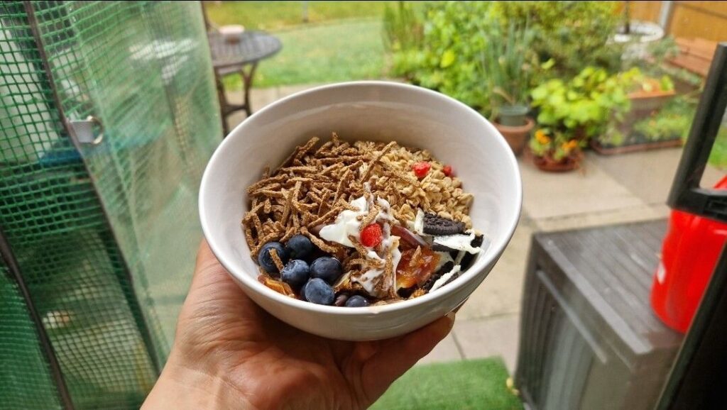 High protein yoghurt bowl as part of my what I eat in a day for fat loss blog post. 