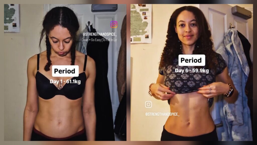 Example of menstrual cycle weight fluctuations showing scale weight dropping after period water retention